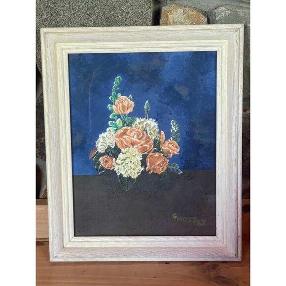 Vintage Framed Hand Painted Floral Art Signed G. Moss '67 Home Made. Flowers. - Picture 1 of 6
